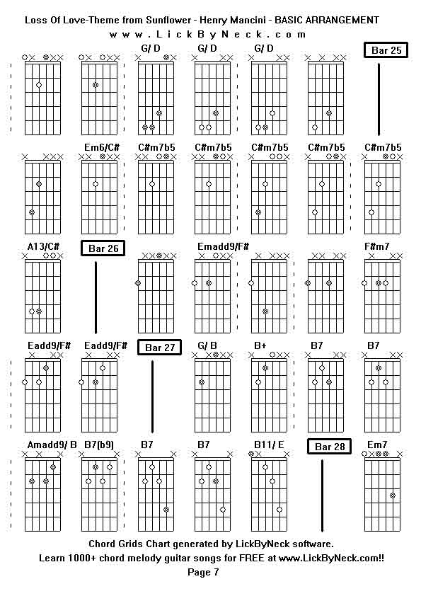 Chord Grids Chart of chord melody fingerstyle guitar song-Loss Of Love-Theme from Sunflower - Henry Mancini - BASIC ARRANGEMENT,generated by LickByNeck software.